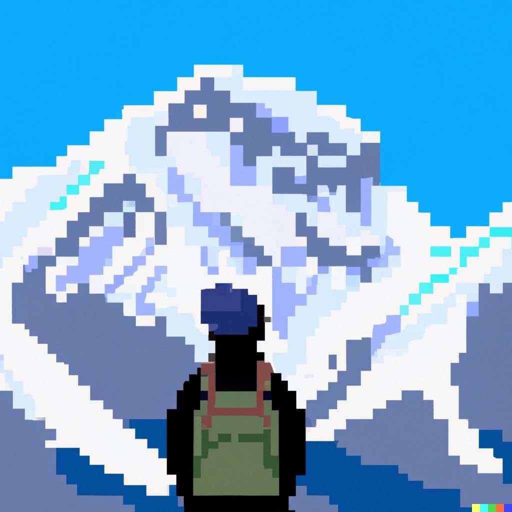someone gazing at Mount Everest, pixel art
